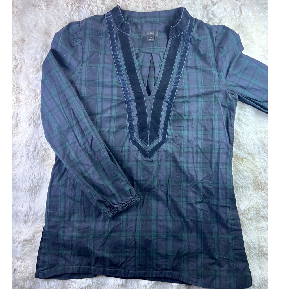 J.Crew Black Watch Plaid Velvet Trim V-Neck Tunic Blouse Navy Green XS. A24
